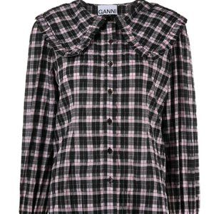 GANNI Ruffled Checked Cotton-blend Seersucker Blouse In Pink
